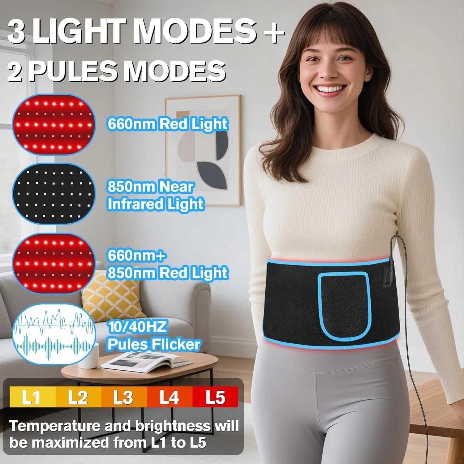 660nm&850nm Red Light Infrared Light Therapy Waist Belt with Controller Body Pain Relief Heated Pad for Muscle Repair Speed Heal