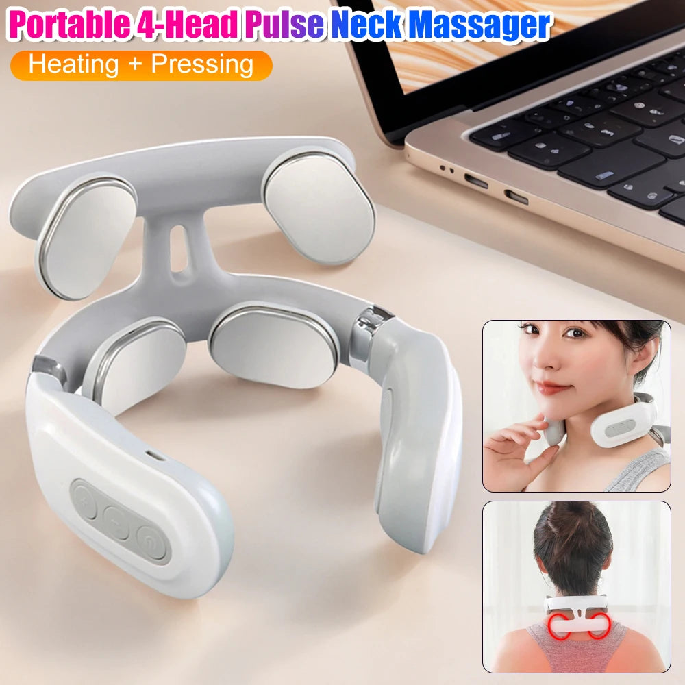Portable Intelligent Pulse Massagers USB Rechargeable 4-Head Neck Massager Adjustment Heating Pressing Cervical Spine Massager