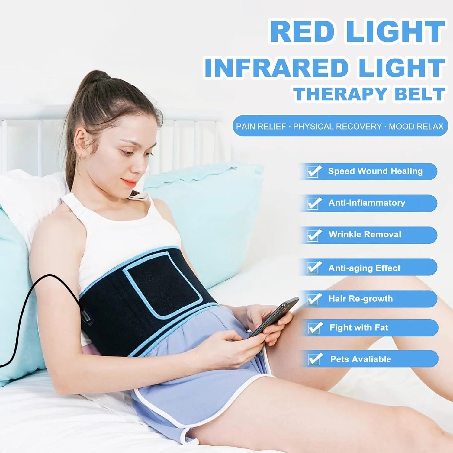 660nm&850nm Red Light Infrared Light Therapy Waist Belt with Controller Body Pain Relief Heated Pad for Muscle Repair Speed Heal