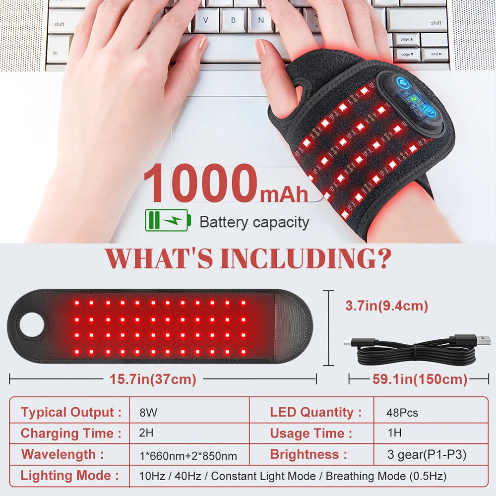 850nm Red light therapy wrist strap wireless rechargeable relieves wrist pain treats tenosynovitis suitable for office worker